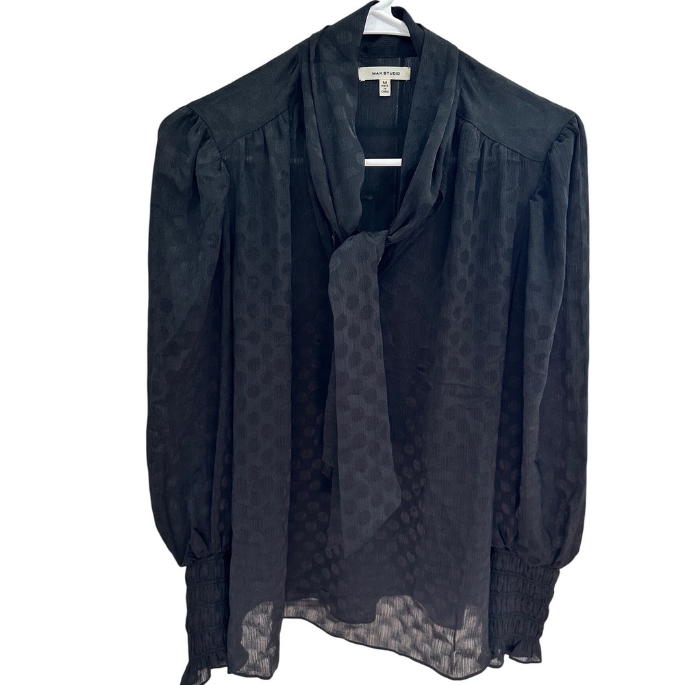 MAX STUDIO Black Polka Dot‎ Bow Tie Neck Blouse Shirt Womens M